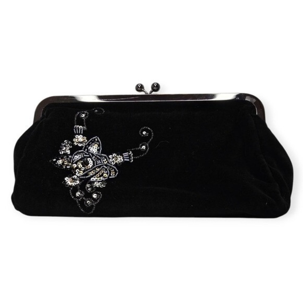 VTG EXPRESS Clutch Sequin Beaded Black Velvet Bag Kiss Lock Sml Purse Whimsygoth